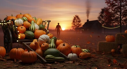 Enchanting autumn harvest scene with pumpkins lit by sunset glow