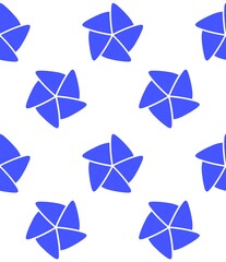 A striking seamless pattern featuring solid bright blue, five-petal flower or star shapes against a white background. The abstract design is simple, modern, and resembles a stylized bloom