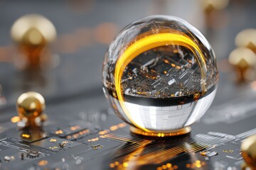 Close up of a transparent sphere reflecting a futuristic circuit board with glowing orange lights and gold orbs on a dark background