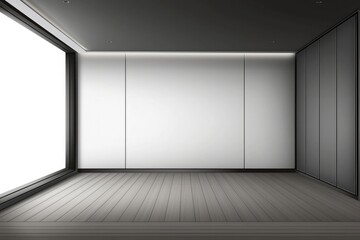 empty room interior with large white wall, dark gray wooden floor, side window and ceiling led lighting for minimalist design and modern architecture