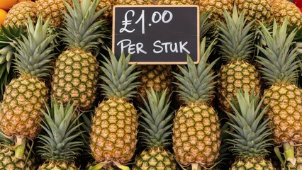 Fototapeta premium Tropical Treasure Pineapple Pile at 100 Each at the Market Stall.