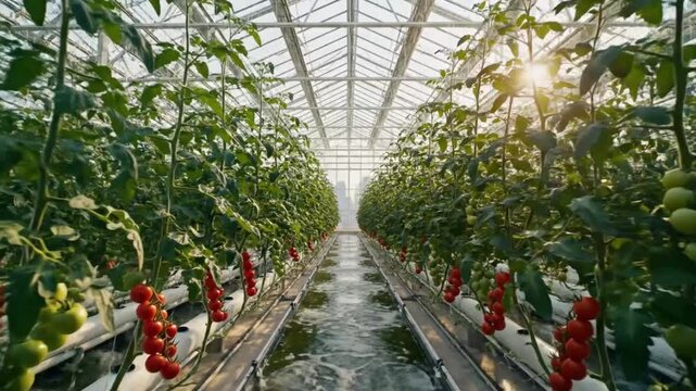Hydroponic Greenhouse with Rows of Lush Tomato Plants