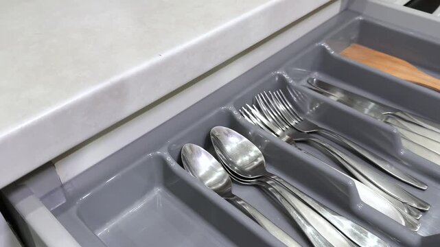 Cutlery drawer organized Organizing forks in kitchen drawer, simple everyday home lifestyle High-angle view of a woman's hand opening a wooden kitchen drawer. The shot reveals.