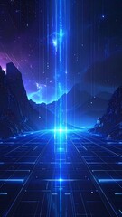 Digital landscape with a luminous path leading to an energy source. Mountains frame a starry sky. Futuristic, glowing environment
