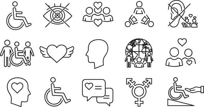 Diversity, Inclusion, Accessibility, Transgender, Disability, and Equality Line Icon Set, Community, Empathy, Outline Vector