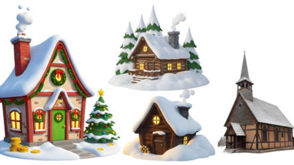 Charming collection of illuminated winter houses and church isolated on transparent background