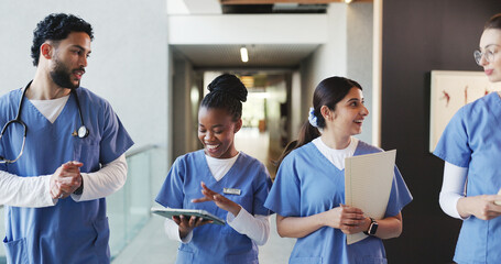 Walking, hospital and med students talking for consulting, medical advice and diagnosis....