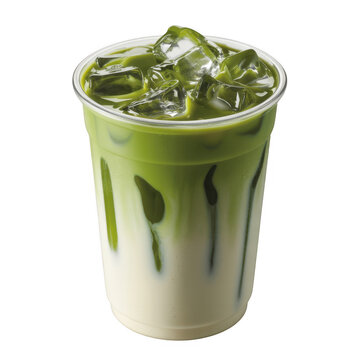 Iced matcha latte with milk and ice cubes in a clear plastic cup isolated on a transparent background