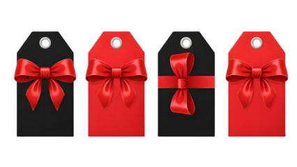 Four realistic red gift tags with ribbon bows isolated on transparent background