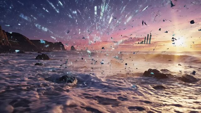 Stunning digital art of a beautiful ocean sunset with data streams and particles.
