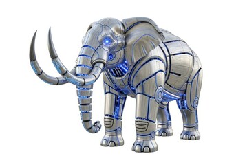 A majestic robotic mammoth with glowing blue accents, standing tall and proud isolated on white background, a marvel of engineering