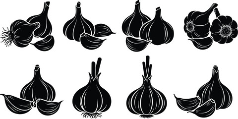 Stylized black and white illustration of various garlic bulbs and cloves