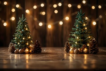 Two small decorated christmas trees with warm fairy lights and bokeh background