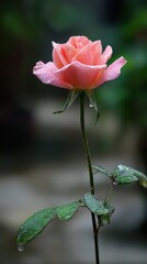 Close Up Macro Shot Of A Pink Rose Covered In Dew Drops With Soft Bokeh Background