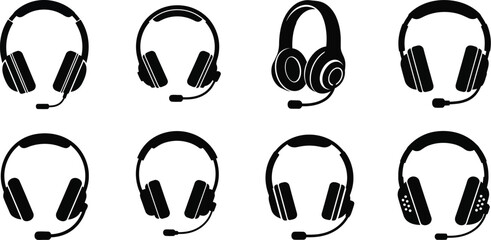 Collection of various black headphone icons with built in microphones shown