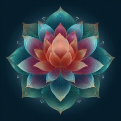Intricate Geometric Lotus Flower Design With Orange Teal And Pink Hues On A Dark Blue Background