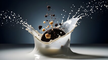 Elegant visual representation of cookie featuring milk, splash, chocolate, food