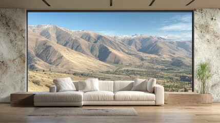 Luxurious Living Room With White Sectional Sofa Overlooking Mountain Landscape With Snow Capped Peaks Under Blue Sky
