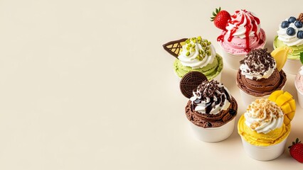 Assortment of colorful frozen yogurt and ice cream desserts with toppings