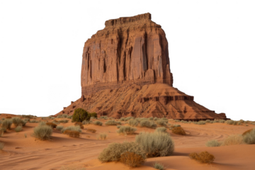 Monument Valley sandstone butte with desert scrub and sand dunes isolated on a transparent background