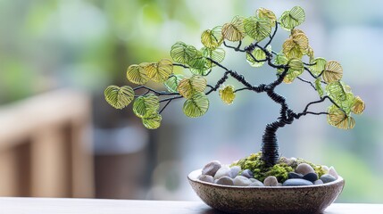 Miniature Beaded Tree Sculpture with Green and Yellow Leaves on Wooden Surface with Soft Bokeh Background