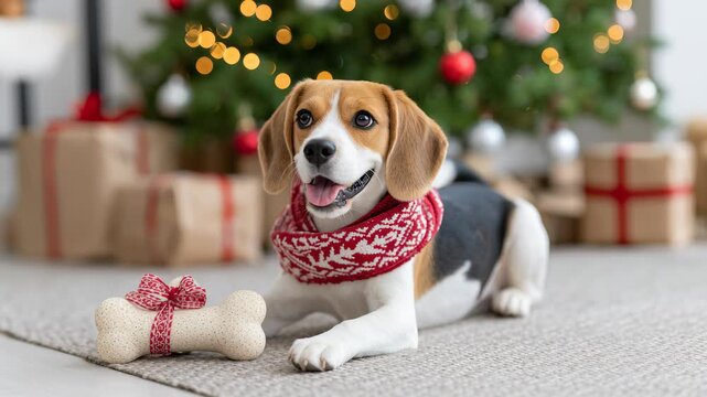 Happy beagle dog wearing festive scarf poses with toy bone in cozy holiday setting, camera zooms in on joyful expression and decorations