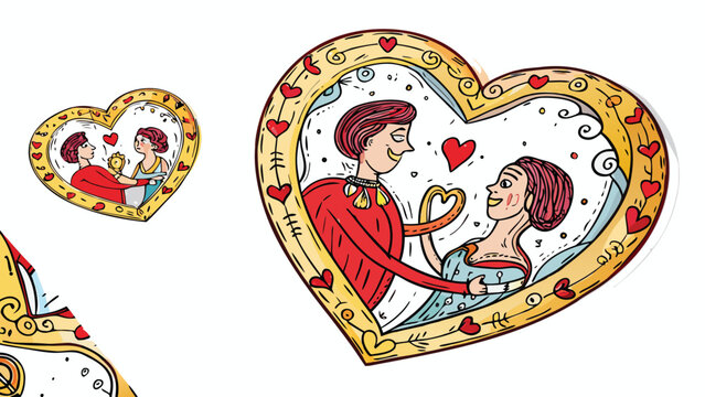 Whimsical heart shaped frame with a couple in love surrounded by hearts and decorative elements celebrating romance and affection - Powered by Adobe
