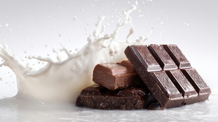 Rich Dark Chocolate Bars Splashing Into Creamy White Milk With Glittery Sparkles Against A Clean White Background Studio Lighting