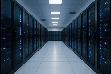 Server room data center with blinking lights, digital infrastructure, it hardware, network storage.