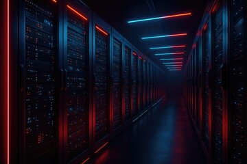 Data center servers in a futuristic aisle with red and blue neon lights, network infrastructure.
