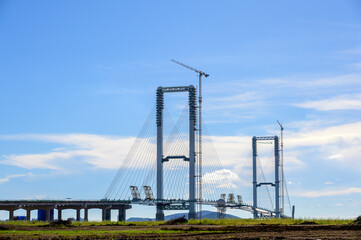 Cheongna-dong, Seo-gu, Incheon, South Korea - August 30, 2025: Construction progress of Cheongna Sky Bridge. Incheon Yeongjongdo Third Bridge. Cheongna Sky Bridge under construction.