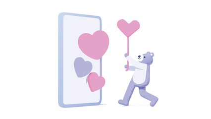 Cute cartoon bear character holding a pink heart lollipop in front of a smartphone screen displaying multiple pink and purple hearts representing online love and connection