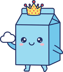Milk Carton King Mascot - Cute Beverage Box Character with Crown | Royal Clipart Vector