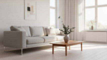 Naklejka premium Blurred Bright modern living room featuring a comfortable sofa, wooden coffee table, and minimalist decor, illuminated by natural light, creating a serene and inviting contemporary home