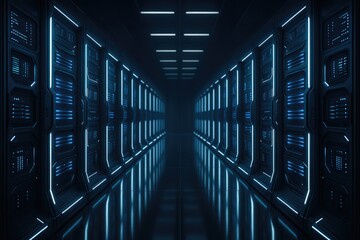 Futuristic server room with glowing blue lights and reflections, data center, ai technology.