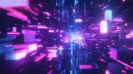 Digital data stream passing through abstract cyberpunk tunnel