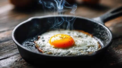 Perfectly Fried Egg Cooking in a Cast Iron Skillet on a Rustic Wooden Table with Smoke Rising