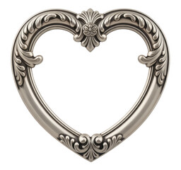 Fototapeta premium Ornate silver heart shaped decorative frame with floral scrollwork isolated on a transparent background