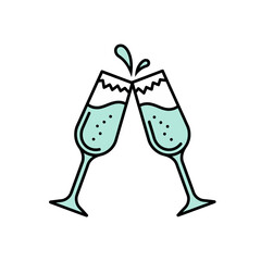 Flat Winter Champagne Glasses Clinking Vector with Frost and Bold Black Outlines on White Background