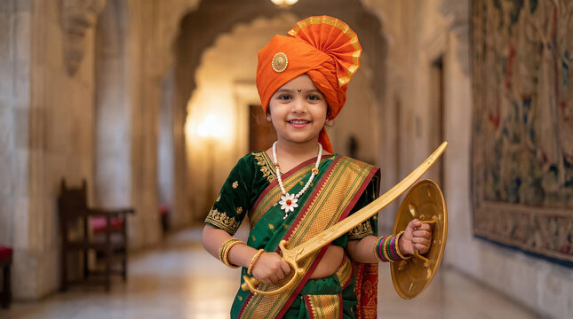 Smiling Indian girl in Marathi warrior attire with sword and shield