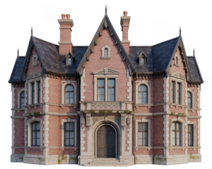 Ornate red brick Victorian mansion with steep gabled roofs and multiple chimneys isolated on a transparent background