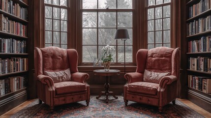 Modern home library curated with neat shelves holding books alongside two cozy reading armchairs interior design background aesthetic wallpaper