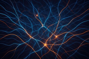 Abstract network connections glow with blue and orange lines, neural pathway visualization, network.