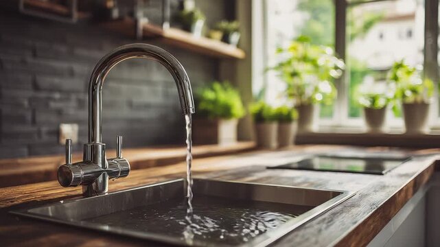 Water flowing from kitchen faucet