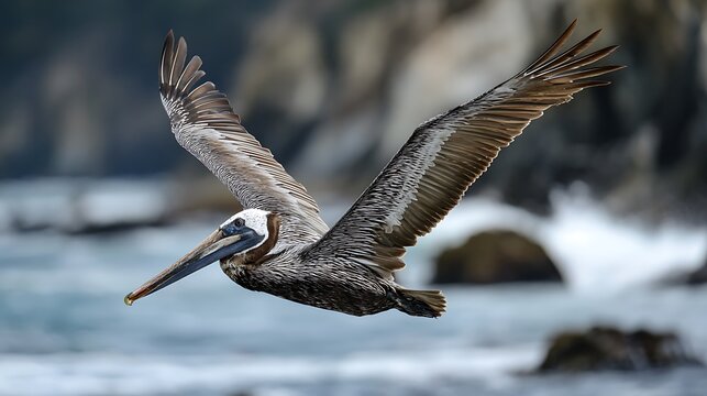 Brown pelican bird on the beach near the ocean water, a stunning example of Florida wildlife and tropical nature - Powered by Adobe