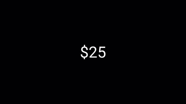 thirty dollar counting animation from 0 to 30  on a transparent background,  dollar money counter animation with alpha channel in 4k.