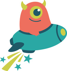 Cute Monster Riding Rocket - Flat Space Adventure Vector Graphic for Kids and Education