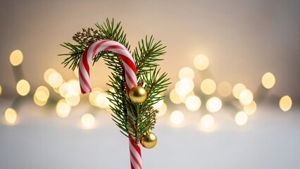 Festive Candy Cane with Pine Branch and Golden Ornaments Against Bokeh Lights.