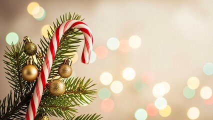 Festive Christmas Tree Branch with Candy Cane and Golden Ornaments Against Bokeh Lights.