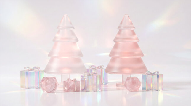 Sparkling Pink Christmas Background with Frosted Fir Branches, Crystal Ornaments, and Pink Berries - Festive Holiday Frame with Copy Space